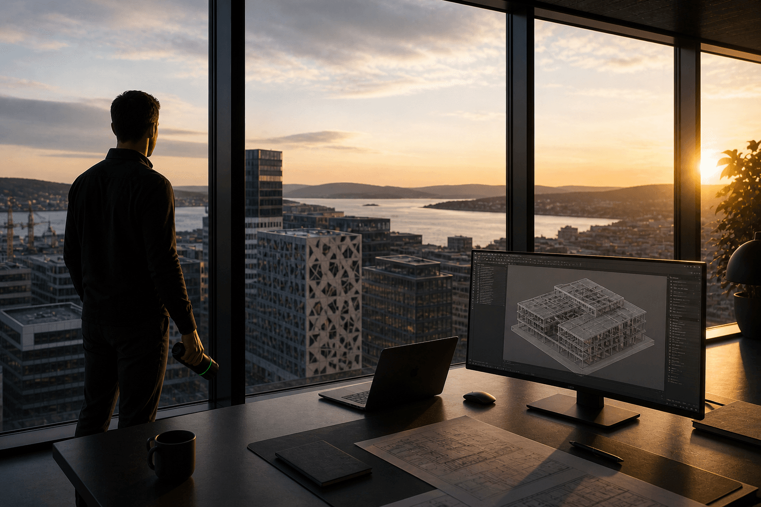 Architect overlooks a coastal city at sunset from a high-rise office with 3D models.