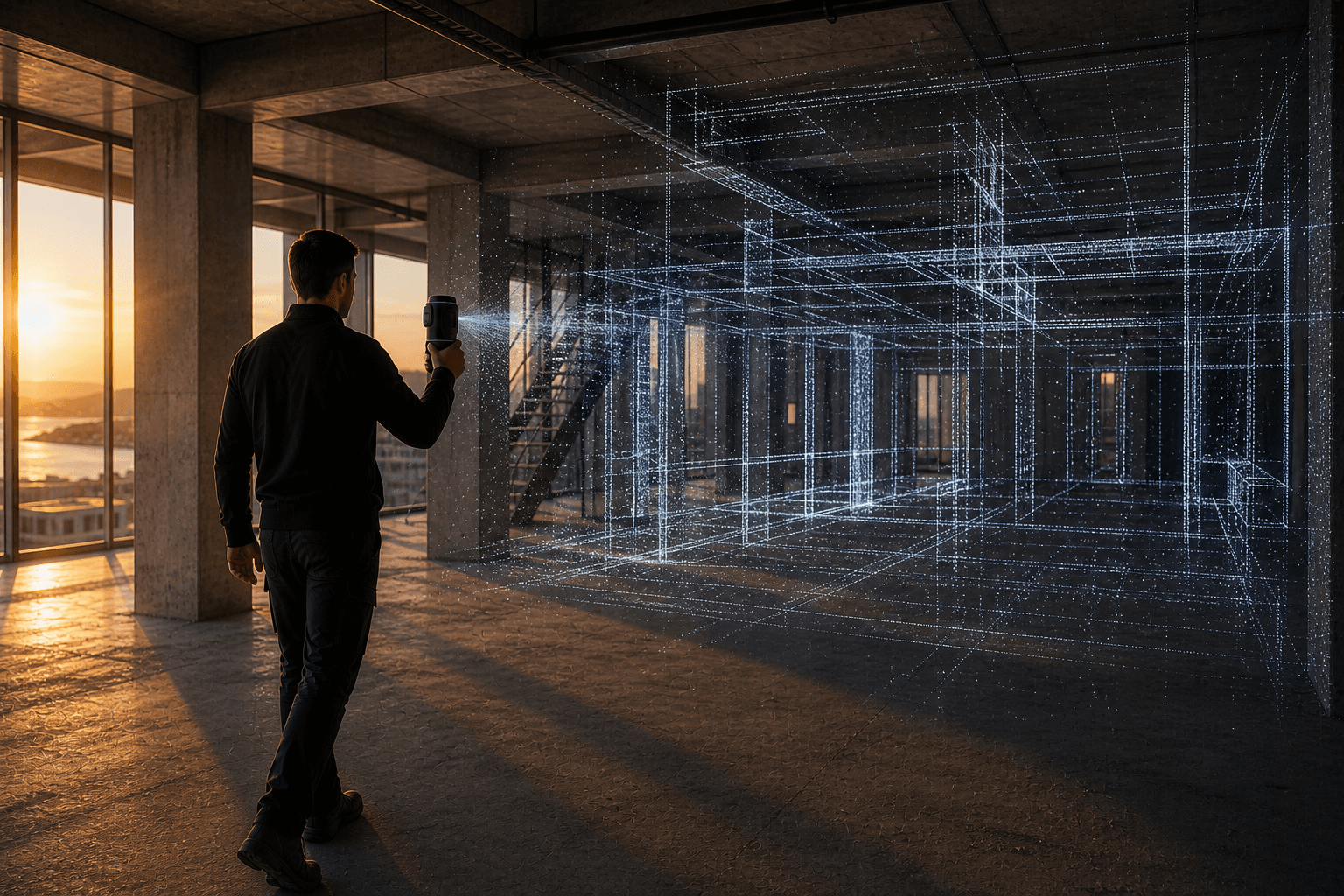 Architect projects a blue 3D digital wireframe inside an unfinished concrete building at sunset.