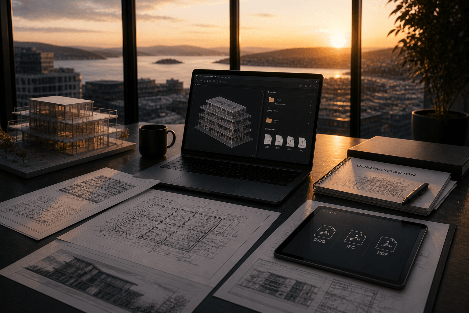 Architectural workspace with laptop, blueprints, and building model overlooking a city sunset through windows.