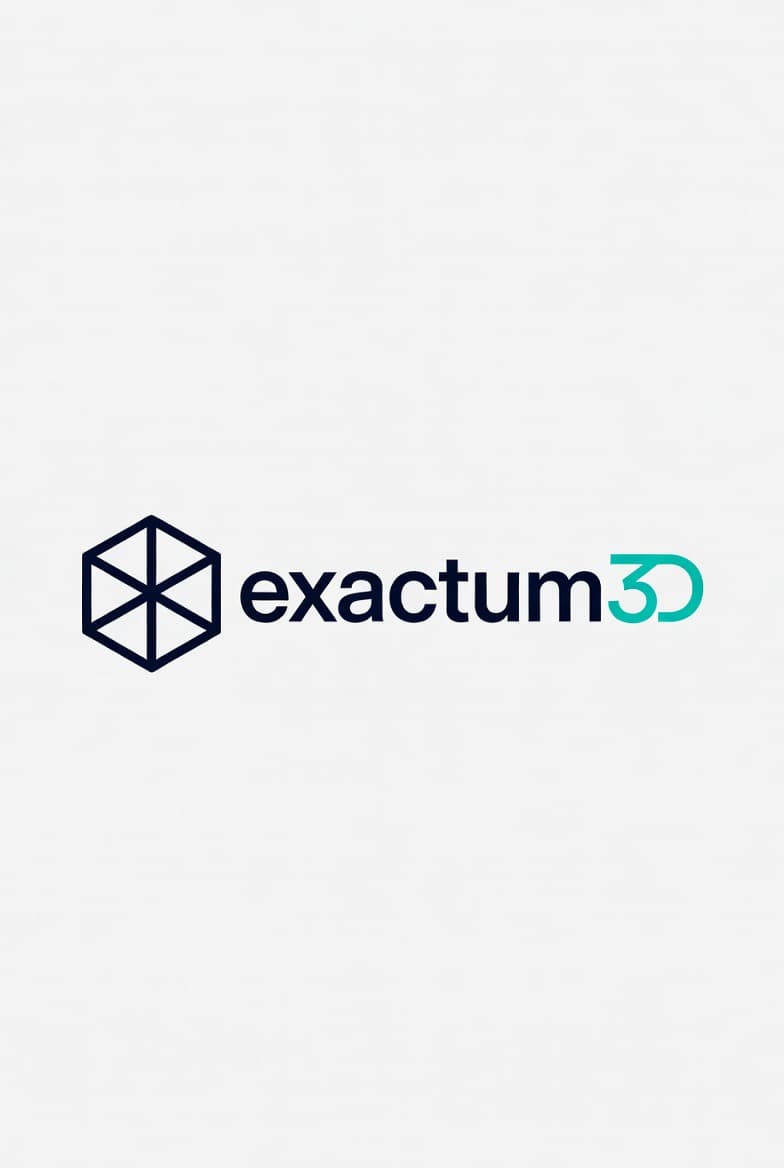 exactum3D logo featuring a dark blue geometric hexagon icon and teal 3D text on white.